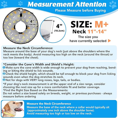 Inflatable Dog Cone with Anti-Licking Clear Shield, Protective Dog Donut Collar After Surgery, Adjustable Soft Recovery Cone for Pets, Alternative Collar with Buckle Strap (Grey, M+)