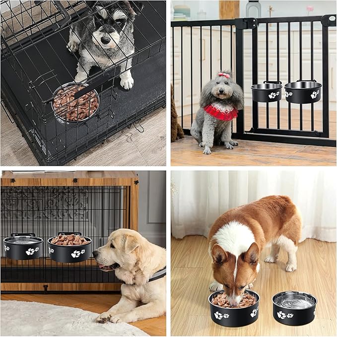 Kennel Water Bowl Hanging, ShineMe 2 Pack Stainless Steel Food and Water Bowl for Dog Cage, Crate, Kennel Bowls Mountable for Medium and Small Dogs, Cats, Pets (6.2x2.6” & 5.5x2.4”)