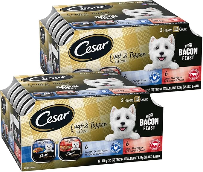 Cesar Loaf & Topper in Sauce Wet Dog Food, Bacon Feast Variety Pack, Rotisserie Chicken Flavor with Bacon & Cheese & Angus Beef Flavor, Wet Food for Dogs, 3.5 oz Easy Peel Trays, 12 Count (Pack of 2)