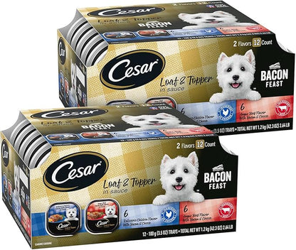 Cesar Loaf & Topper in Sauce Wet Dog Food, Bacon Feast Variety Pack, Rotisserie Chicken Flavor with Bacon & Cheese & Angus Beef Flavor, Wet Food for Dogs, 3.5 oz Easy Peel Trays, 12 Count (Pack of 2)