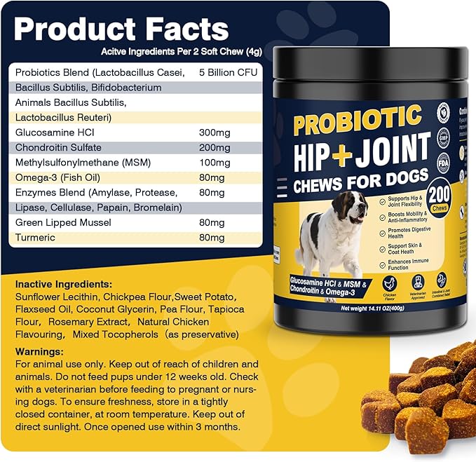 Hip and Joint Supplement for Dogs Dog Probiotics Glucosamine Chondroitin MSM Chew for Dog Arthritis Pain Relief Extend Joint Care, Probiotic for Digestive/Gut Health for Large/Small/Senior Breed Dogs