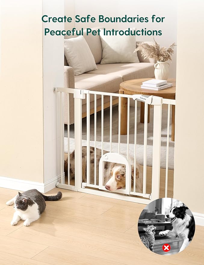 Babelio Baby Gate with Cat Door, CatPrivilege Ⅲ, Extra Wide 29-55" Cat Gate, 30" Tall Pressure Mounted Safety Gate for Large Openings, Stairs & Doorways, Auto Close, White