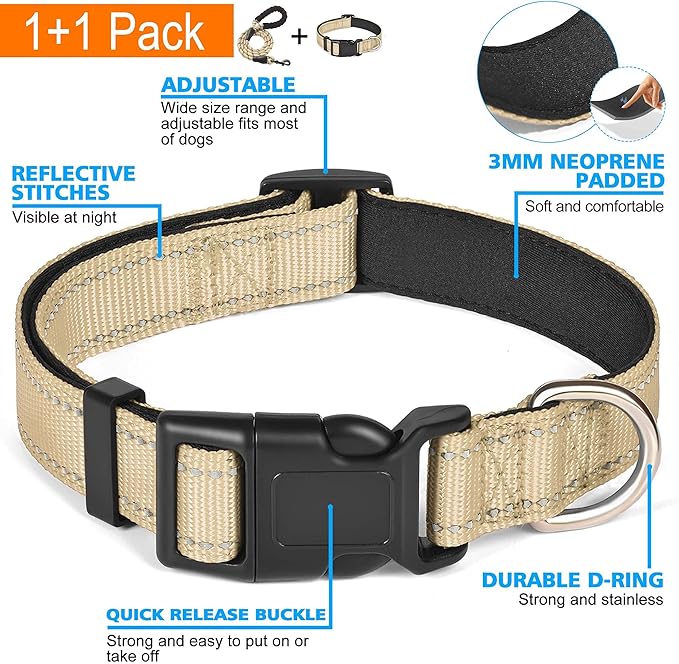 Ladoogo Reflective Dog Collar Padded with Soft Neoprene Breathable Adjustable Nylon Dog Collars for Small Medium Large Dogs (X-Small (Pack of 1), Vanilla Collar+Leash)