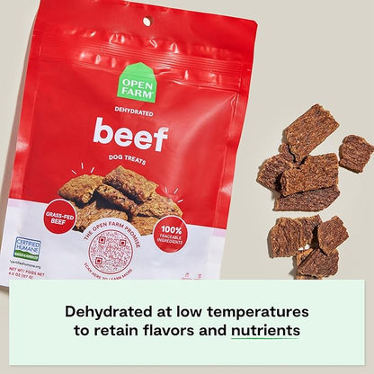 Open Farm, Dehydrated Dog Treats, High Protein & Low Carbohydrate Dog Snacks, Chewy Texture, Made with Ethically & Sustainably Sourced Ingredients, Grass-Fed Beef Recipe, 4.5oz Pouch