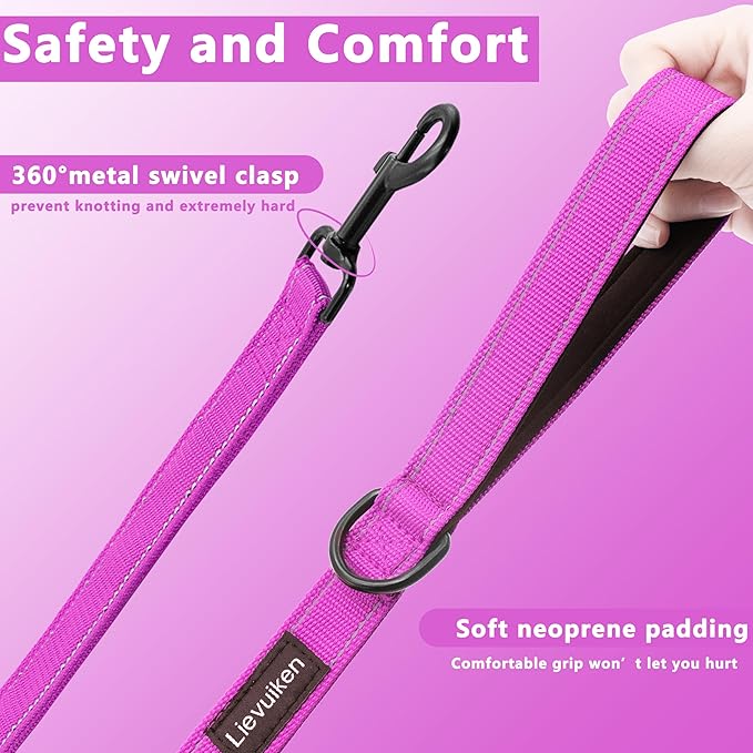 Dog Leash 6.5ft Long, Double Handle Dog Leash for Safety Control Training, Heavy Duty Dog Leads with Traffic Padded Handles, Reflective Leashes for Small Medium Large Dogs(6.5ft, Rosered)