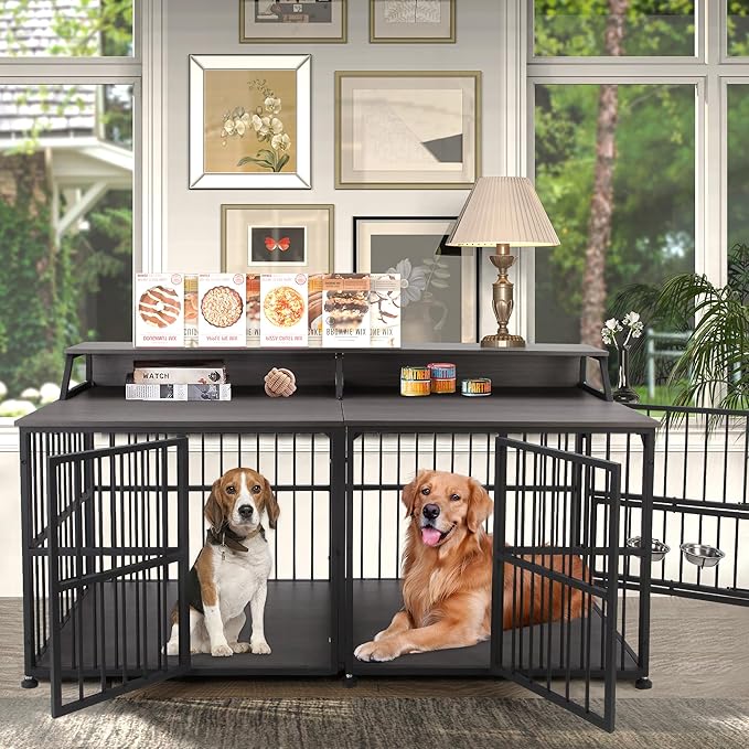 72 Inch Dog Crate Furniture for 2 Dogs, Wooden Dog Kennel Furniturewith Storage Shelf & Bowls, Heavy Duty Dual Dog Kennel End Table, Sturdy Dog Cage Furniture Dog Crate with Divider