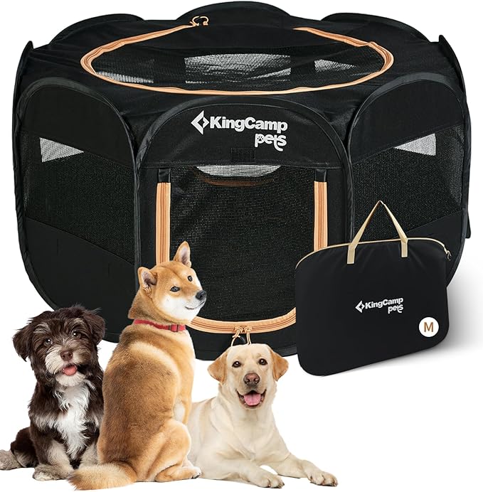 KingCamp Dog Playpen, Portable Foldable Cat Kitten Puppy Tent Crates 29"/36"/50" Pop Up Pet Playpen with Zippered Bottom & Cover for Indoor Outdoor Use (Medium, Black)