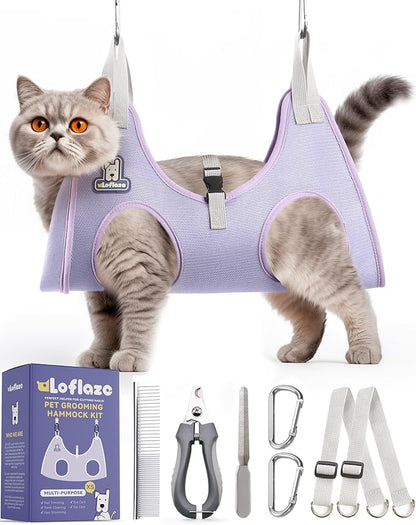 Loflaze Dog Grooming Hammock Harness for Dogs & Cats with Pet Nail Clipper Trimmer - Cat Hanger Sling for Trimming Clipping Nails- Dog Hammock Restraint Bag for Small Medium Large pet （ Purple XS）