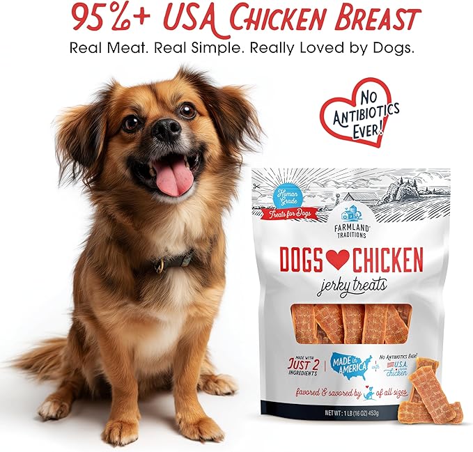 Farmland Traditions Dogs Love Chicken Jerky Dog Treats, Premium Two-Ingredient Dog Jerky with USA-Raised, Human-Grade Chicken & No Antibiotics Ever, 1 Pound (Pack of 2) Bag.