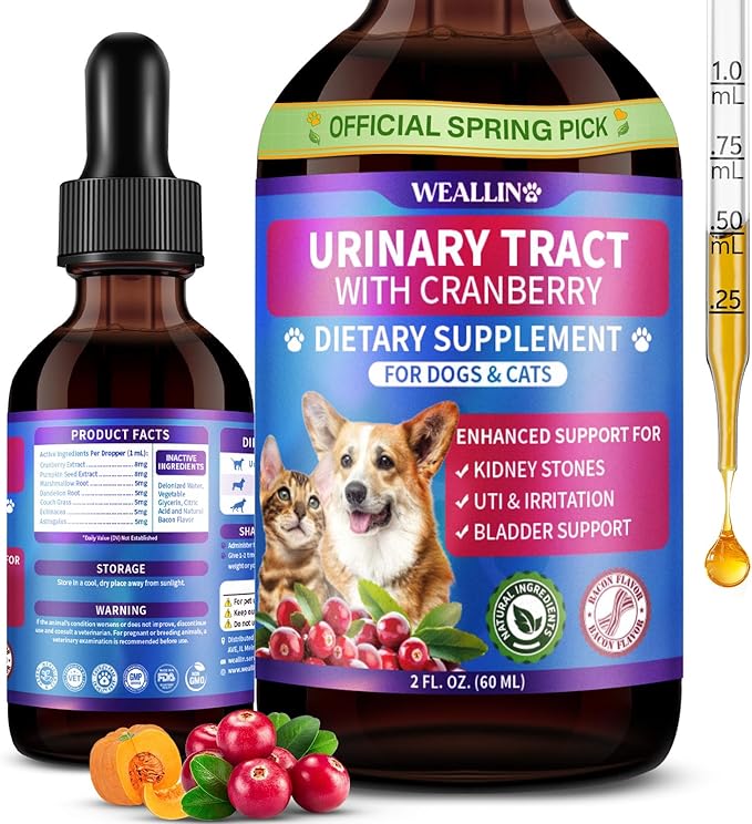 WEALLIN Cat & Dog Natural Urinary Tract Infection Treatment with Cranberry, Kidney, and Bladder Support Supplement, Support for Urinary Comfort & Bladder Flow – Pet Renal Care Support Drops