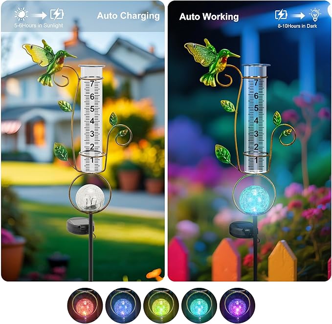 Rain Gauge Outdoor - Solar Rain Gauges Hummingbird Decorative with Color Changing LED Cracked Ball Lights 7" Freeze Proof Tube Rain Gauge Outdoors Best Rated for Yard Lawn Patio Garden Decor