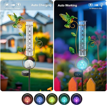 Rain Gauge Outdoor - Solar Rain Gauges Hummingbird Decorative with Color Changing LED Cracked Ball Lights 7" Freeze Proof Tube Rain Gauge Outdoors Best Rated for Yard Lawn Patio Garden Decor