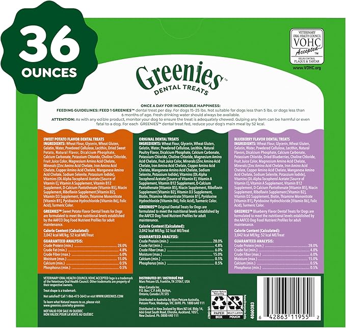 Greenies Veterinarian-Recommended Adult Natural Dental Dog Treats Petite Size, Variety Pack Flavor, (3) 12 oz. Packs, 60 Count