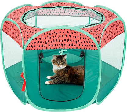 Furhaven Portable Dog Playpen Cat Tent, Pet Playground,Kennel Foldable Indoor Outdoor Zippered Puppy Crate - Green & Pink, Small