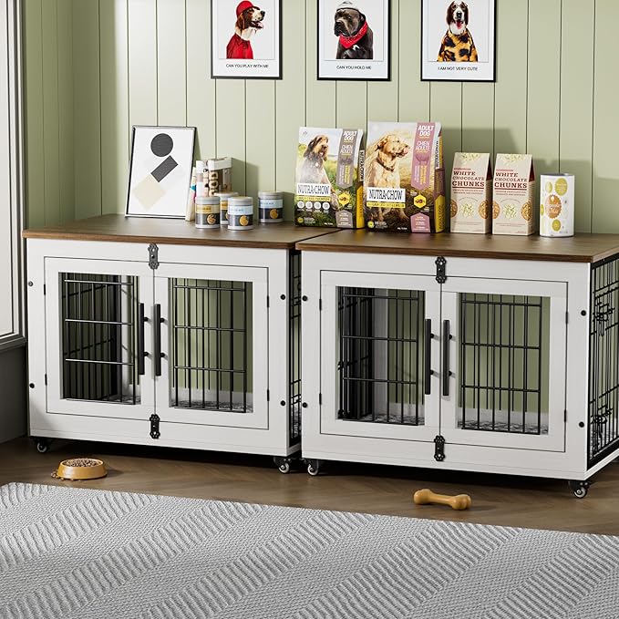 Lulive Dog Crate Furniture Set of 2, Dog Kennel Indoor Double Doors Wooden Dog Cage, 32'' Heavy Duty Dog Crate with Cushion & Wheels, End Table Pet House Chew-Resistant Up to 45 lb, White