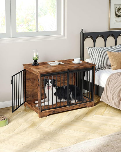 Hzuaneri 39.3" Dog Crate Furniture with Barn Door, Heavy Duty Dog Kennel Indoor with 2 Doors, Wooden Pet Cage End Table for Large Small Medium Dogs, Anti-Chew Anti-Escape, Rustic Brown DFC02301B