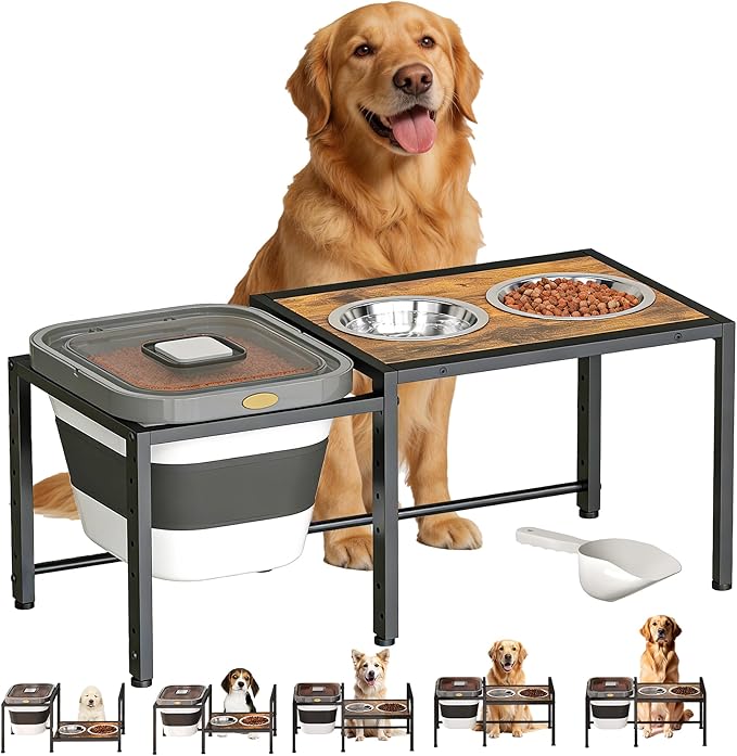 Elevated Dog Bowls with Storage Container ，Raised Dog Bowls for Large Dogs，15-18 lb Airtight Dog Food Storage Container, Adjustable Height Feeding Station