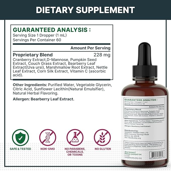MaxBuddy Natural UTI Treatment Support - Cranberry Urinary Tract Infection Care & Prevention Assistance for Cats and Dogs – Kidney & Bladder Wellness Supplement Drops - Support for Urine Flow