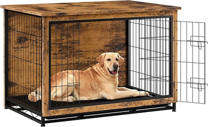 Vongrasig Dog Crate Furniture, Side End Table, Modern Wooden Kennel for Dogs Indoor, Heavy-Duty Dog Cage with Multi-Purpose Removable Tray, Double-Door Dog House, Rustic Brown