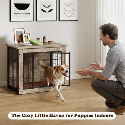 Dog Crate Furniture with Thick Cushion, Side End Table Wooden Dog Cage with Double Doors, Chew-Resistant Dog Kennel Dog House Indoor for Small to Large Dog