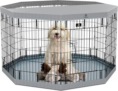 PJYuCien Dog Playpen with Top Cover and Bottom Pad - Metal Foldable Exercise Pen, 8 Panels 36" H x 24" W Indoor Outdoor Pet Fence Puppy Crate Kennel, Gray