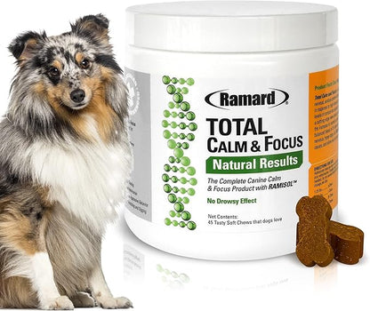 Ramard Total Calm & Focus Dog Treat Supplement - Natural Calming Chews with Magnesium & B-Vitamins - 45 Soft Chews for Canine Calmness During Training, Grooming, and Everyday Enjoyment