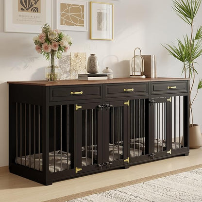 Dog Crate Furniture - Indoor Wooden Dog Kennel Crate Furniture with 2 Dividers, 3 Drawers, and 3 Lockable Doors, 72"x23.6"x31.5"H, Black
