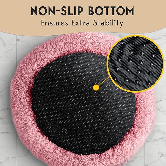 PetJett Large Dog Bed - 36'' Calming Donut Dog Beds, Anti-Slip & Washable Large Round Bed, Fluffy Faux Fur Pet Bed, Super Soft Anti-Anxiety Premium Comfort Bed, Fits Dogs up to 80 lbs - Pink