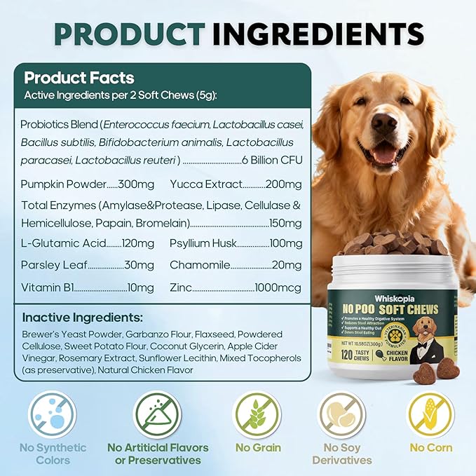 No Poo Chews Coprophagia Deterrent for Dogs, No Poop Eating Deterrent for Dog Provent Stop Dog from Eating Poop Supplement with Digestive Enzymes and Probiotics - 120 Ct