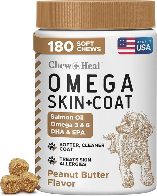 Omega 3 Fish Oil for Dogs, 180 Soft Chews - Salmon Oil Skin & Coat Supplement, Allergy & Itchy Skin Relief, Hot Spots, Anti Shedding - EPA DHA Omega 3 6 9 - Peanut Butter - Made in USA, Chew + Heal