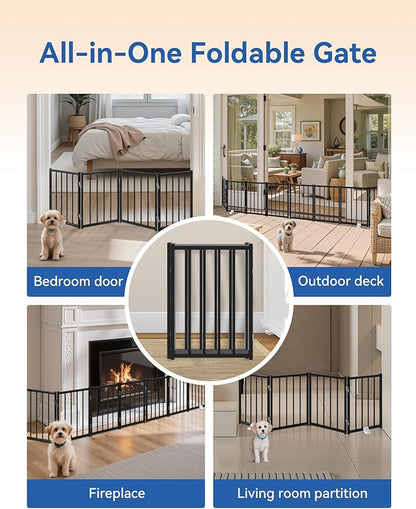 BFNN Metal Short Dog Gate, 16.5" High to Step-Over, Free Standing Foldable Pet Gate, Up to 72" Wide Puppy Fence for Stairs and Doorways, Indoor & Outdoor Use, No Drilling and No Assembly, Black