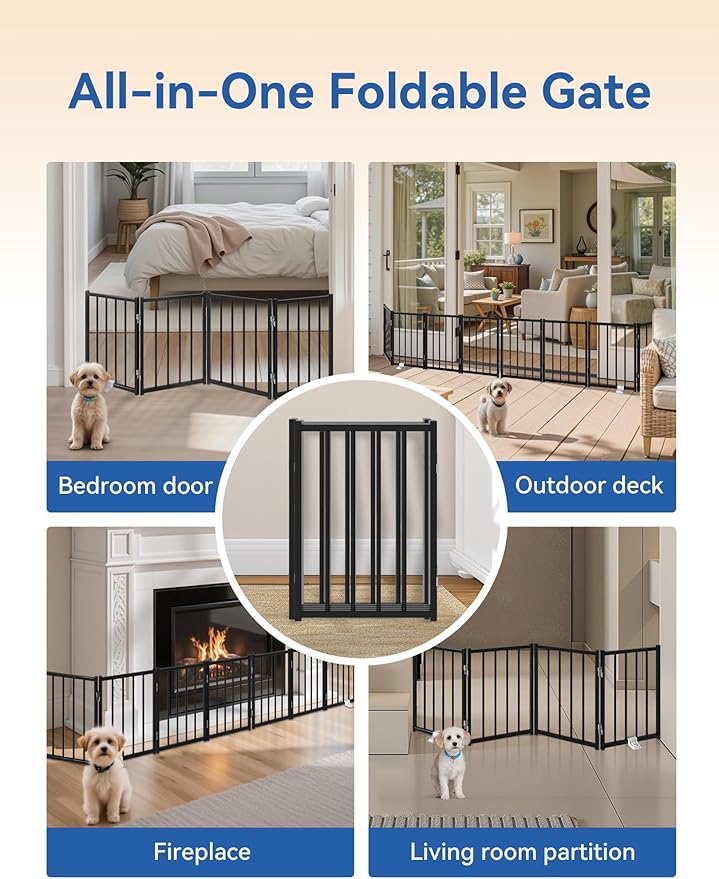 BFNN Free Standing Dog Gate, 16.5" Short Pet Gate for Stairs and Doorways, Up to 48" Wide Foldable Puppy Fence, Indoor & Outdoor Use, No Drilling and No Assembly, for Small & Toy Dogs, Black