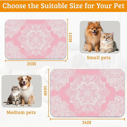 Pet Feeding Mat,Boho Mandala Absorbent Dog Cat Food Mat Pink Flower Dog Mat with Rubber Backing,Non-Slip Water Bowl Placemat,Pet Supplies 16" x 24"