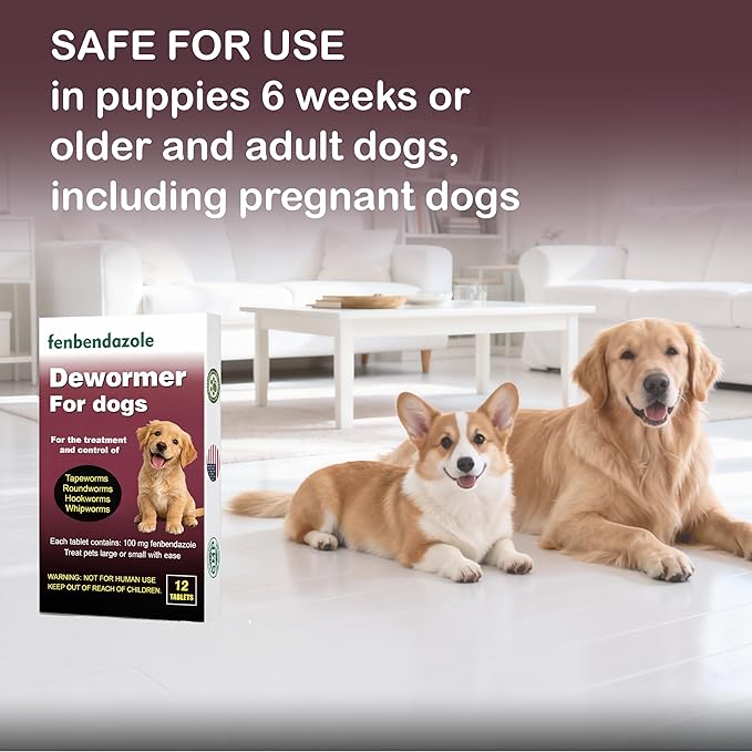 Dewormer for Dogs, Fenbendazole for All Wormers, Hookworms, Tapeworms, Whipworms and Roundworms, 12 Count