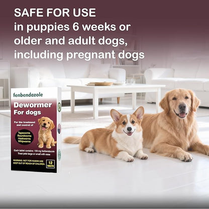 Dewormer for Dogs, Fenbendazole for All Wormers, Hookworms, Tapeworms, Whipworms and Roundworms, 12 Count