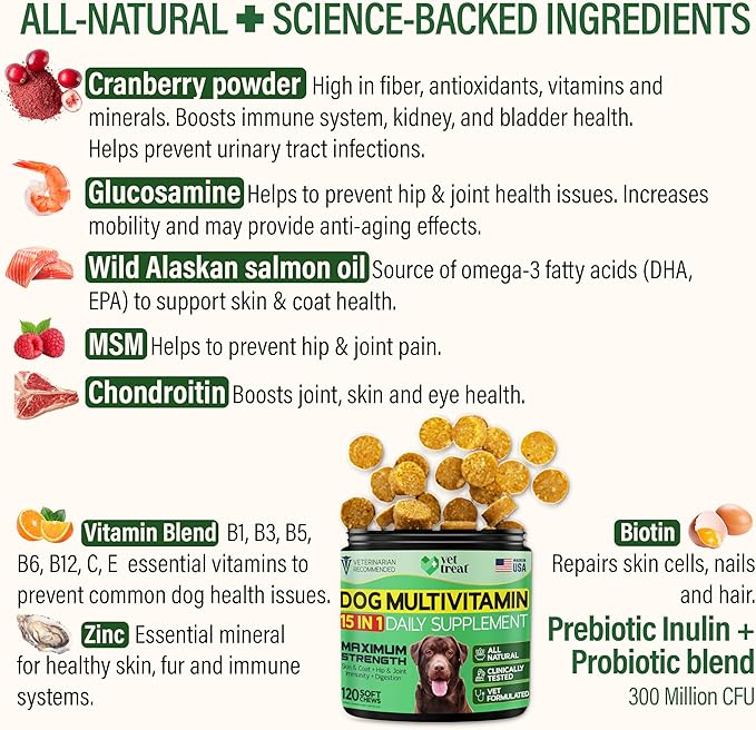 VET TREAT Dog Multivitamin Chewable with Glucosamine & Salmon Oil – Made USA – Puppy & Senior Supplement – 120 Chews– Daily Wellness Support for Joints, Immune System, Skin & Coat, Heart & Digestion