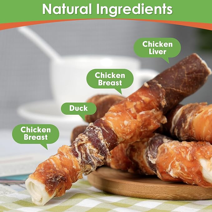 MON2SUN Dog Treats, Triple Flavor 6 Inch Chicken Liver Duck and Chicken Wrapped Rawhide Sticks, Teeth Cleaning Snacks for Medium Dogs, 35.27 oz (20 Count-Pack of 2)