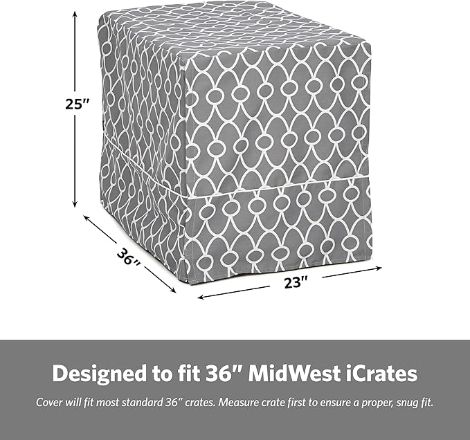 MidWest Homes for Pets Dog Crate Cover with Teflon Fabric Protector, Poly-Cotton Privacy Kennel Cover Fits Most 36-Inch Crates, Gray Designer Print, Washable, Reduces Barking