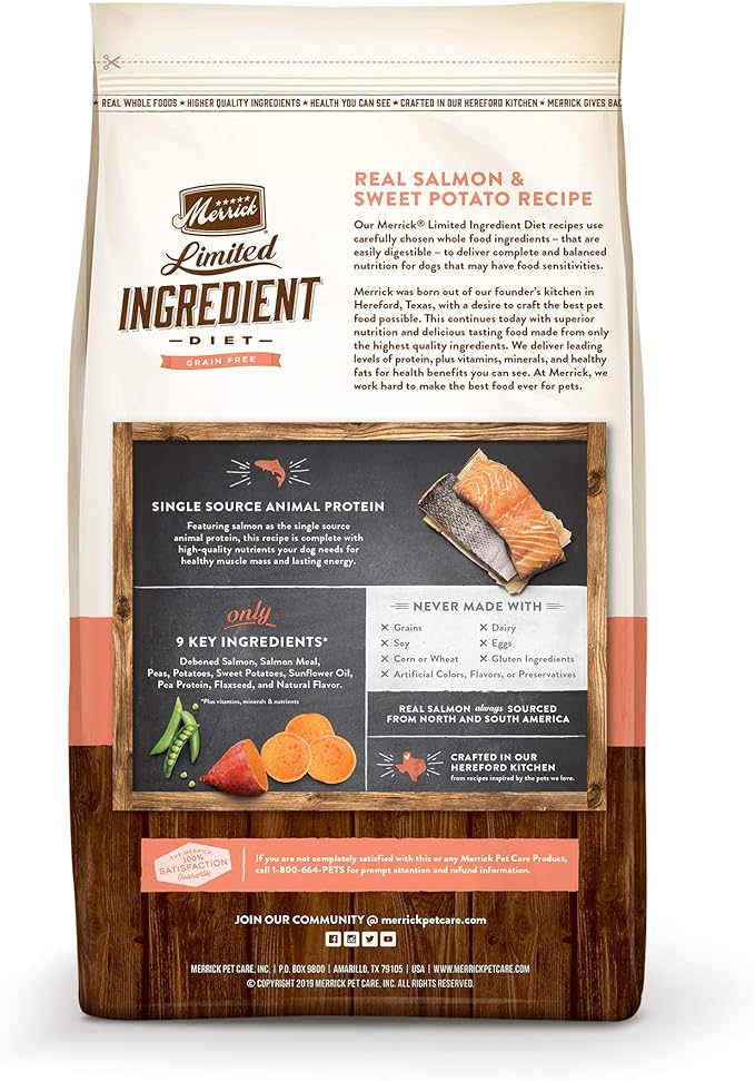 Merrick Limited Ingredient Diet Grain Free Dry Dog Food, Premium And Healthy Kibble, Salmon And Sweet Potato - 22.0 lb. Bag