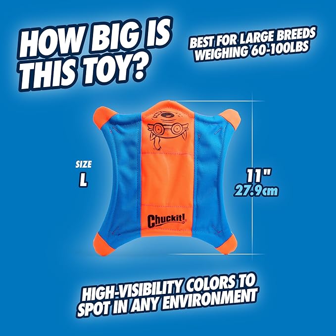 Chuckit! Flying Squirrel Fetch Dog Toy - Water Floating Flyer - Soft and Durable Polyester Canvas Construction - For Large Dogs - Size Large - 11-inch Diameter - Pack of 1 - Orange and Blue