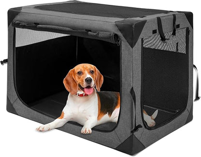Hiaksedt Dog Crates - 36 Inch Collapsible Soft Dog Crate, 3-Door Foldable Soft Kennel for Large Dogs, Portable Pet Travel Cage with Chew Proof Mesh Window for Indoors & Outdoors（Dark Gray）