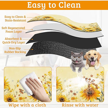 Yellow Floral Feeding Mat,Sunflower Absorbent Quick-Dry Cat Dog Food and Water Bowl Mats,Non-Slip Rubber Backing Mat,Cat Dog Accessories Supplies 12" x 20"