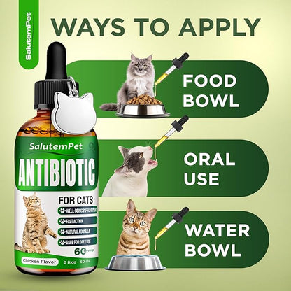Cat Antibiotic in Drops – Natural Antibiotics for Cats with Chicken Flavor Help with UTI, Cough, Allergies – Safe for Pets and Breeds – 2-oz Bottle with a Pendant Included