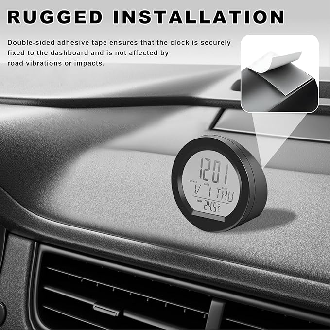 Car Digital Thermometer Clock, Battery Powered Mini Dashboard Clock with Date & 12/24 Hour Format Time, Adhesive LCD Display Watch with Backlight for Vehicle Office Home