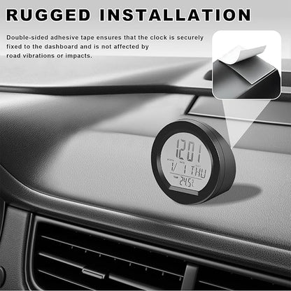 Car Digital Thermometer Clock, Battery Powered Mini Dashboard Clock with Date & 12/24 Hour Format Time, Adhesive LCD Display Watch with Backlight for Vehicle Office Home