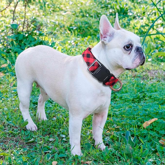 Ladoogo Reflective Dog Collar Padded with Soft Neoprene Breathable Adjustable Nylon Dog Collars for Small Medium Large Dogs (X-Small (Pack of 1), Red Plaid Collar+Leash)