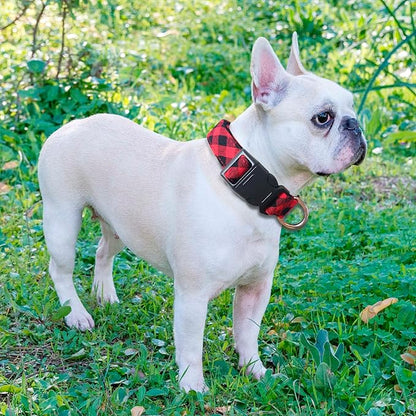 Ladoogo Reflective Dog Collar Padded with Soft Neoprene Breathable Adjustable Nylon Dog Collars for Small Medium Large Dogs (Medium (Pack of 1), Red Plaid Collar+Leash)