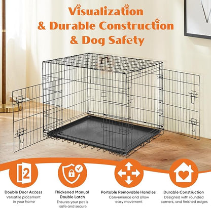 Sweetcrispy 42 Inch Dog Crate, Medium Large Crates Double Door Folding Metal Wire Dog Cage with Plastic Leak-Proof Pan Tray, Pet Kennel for Indoor, Outdoor, Travel