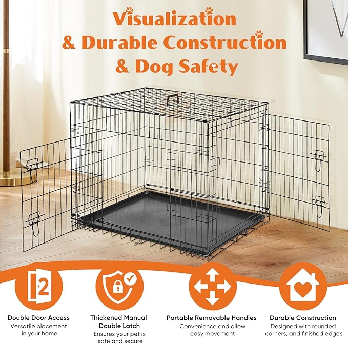 Sweetcrispy Large Dog Crate, 36 Inch Double Door Folding Metal Wire Dog Cage with Plastic Leak-Proof Pan Tray, Pet Kennel for Indoor, Outdoor, Travel