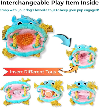 4 in 1 Squeaky Dog Toy-No Stuffing Dog Toy with Ropes,Squeaker & Surprise play item inside for Small Medium Large Breed-Dog Tug Toy,Dog Chew Toy for Cuddling& Playing,Soft Blue Plush Hippo in Gift Box